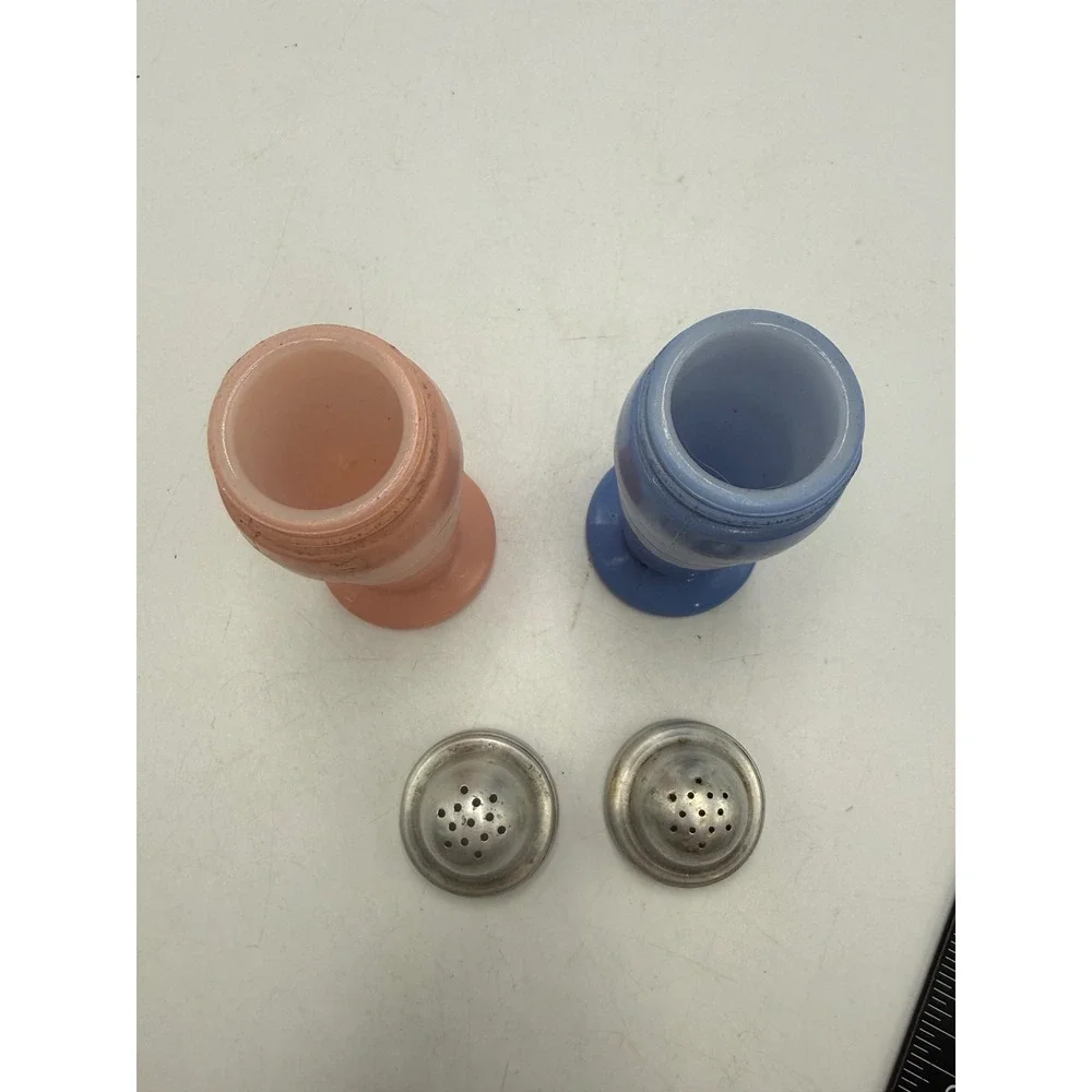 Vintage Milk Glass Beehive Salt and Pepper Shakers Pink and Blue Set Metal Lids